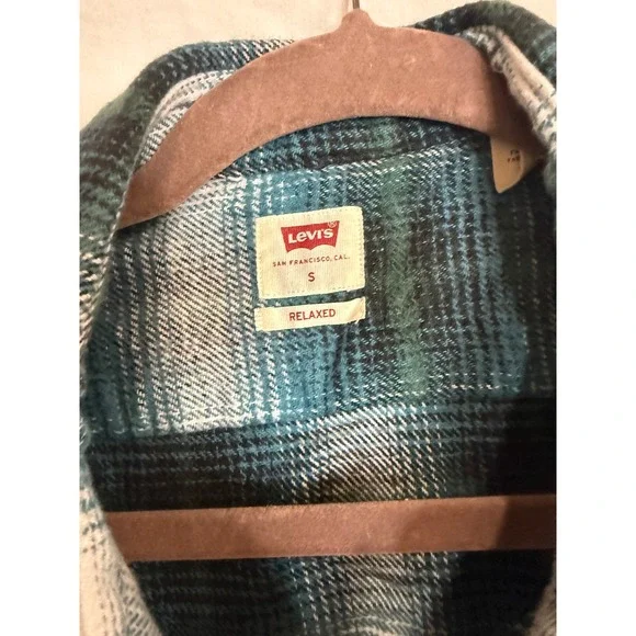 Levis Relaxed Fit Plaid Flannel Shirt Mens Small Teal Green Long Sleeve Button - Picture 2 of 5